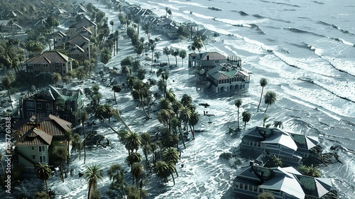 Aerial View of Coastal Homes Damaged by Storm Surge photo