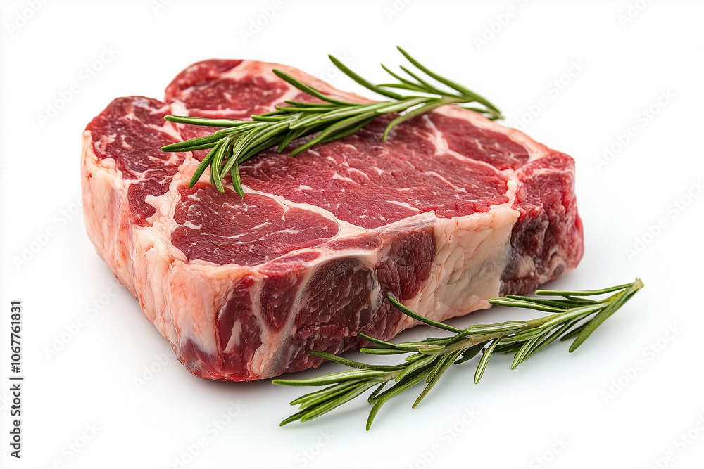 raw beef steak with spices and rosemary on a white background raw beef steak with spices and rosemary on a white background