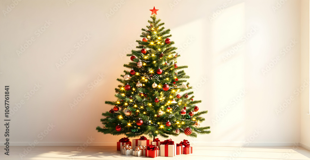 Holiday image background - A beautifully decorated Christmas tree with lights and gifts underneath. Holiday image background - A beautifully decorated Christmas tree with lights and gifts underneath.