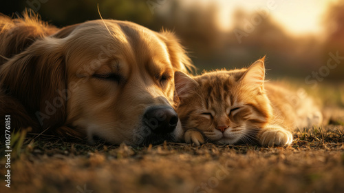 Wallpaper Mural Peaceful Dog and Cat Sleeping Together Outdoors at Sunset Torontodigital.ca
