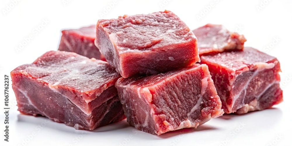 Close up of frozen beef pieces on a white background, beef, frozen, raw, meat, food, ingredient, steak, texture, isolated, fresh Close up of frozen beef pieces on a white background, beef, frozen, raw, meat, food, ingredient, steak, texture, isolated, fresh