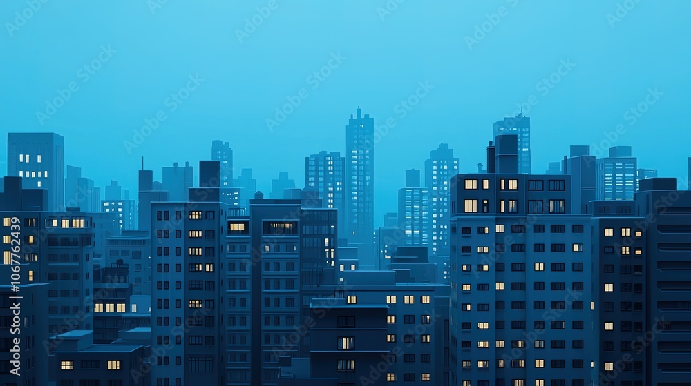 A city skyline at dusk, featuring tall buildings illuminated by warm lights against a cool blue background.