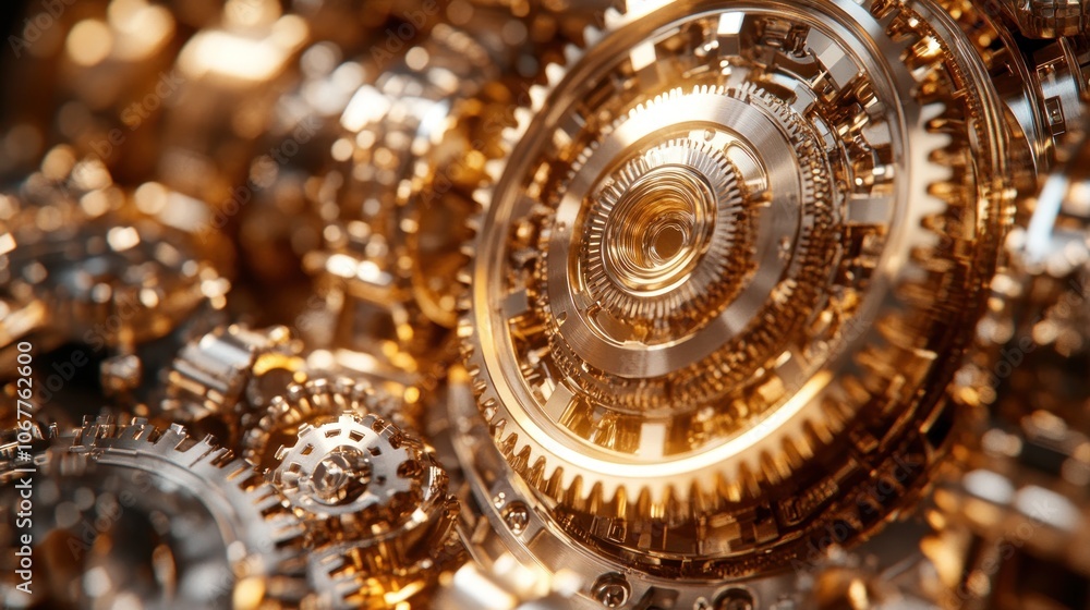 Close up of intricate gold gears in a machine. Close up of intricate gold gears in a machine.