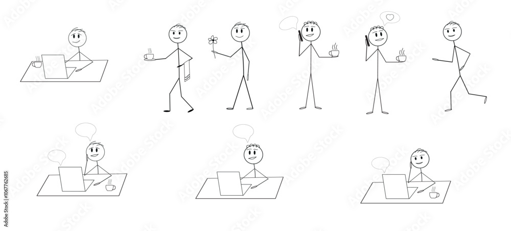 a set of pictograms of a human figure in different poses, a stick, a man at a table with a laptop, a man walking. standing, running, emotions, communication a set of pictograms of a human figure in different poses, a stick, a man at a table with a laptop, a man walking. standing, running, emotions, communication