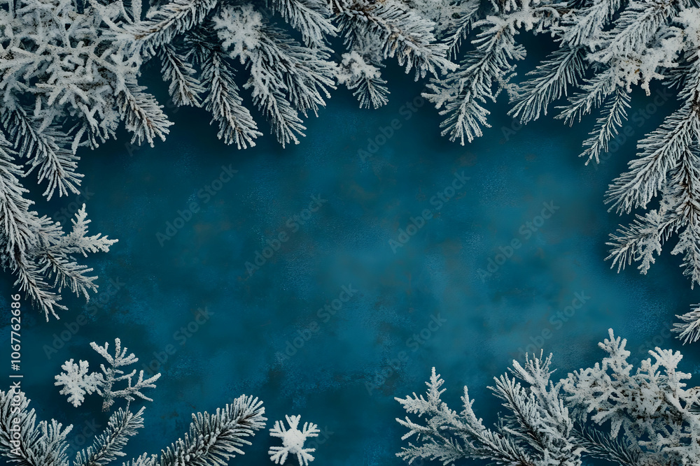 Holiday image background - A winter-themed background featuring frosty pine branches on a textured blue surface. Holiday image background - A winter-themed background featuring frosty pine branches on a textured blue surface.