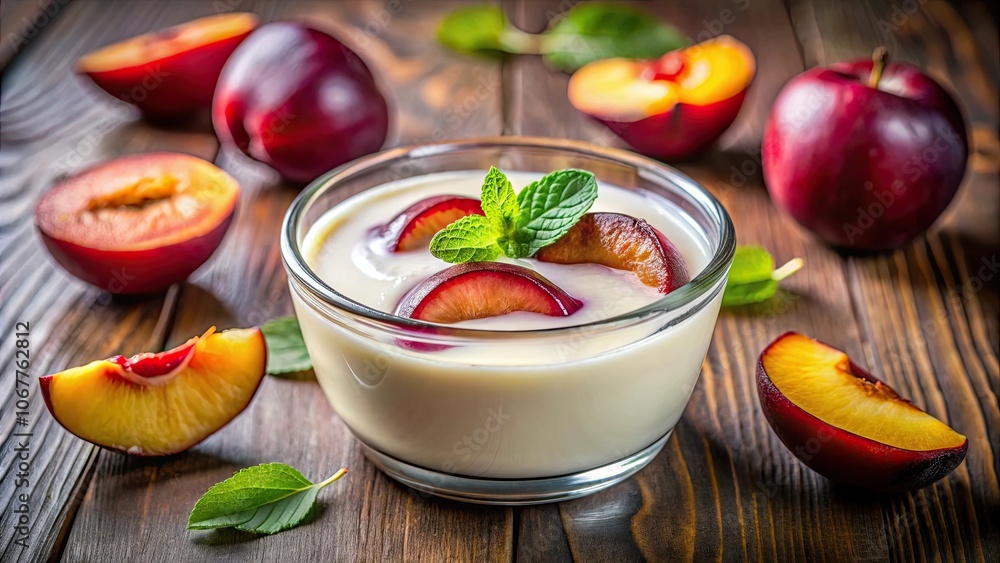 Creamy yogurt made from fresh milk blended with sweet and juicy red ripe plum slices , yogurt, milk, red plum Creamy yogurt made from fresh milk blended with sweet and juicy red ripe plum slices , yogurt, milk, red plum