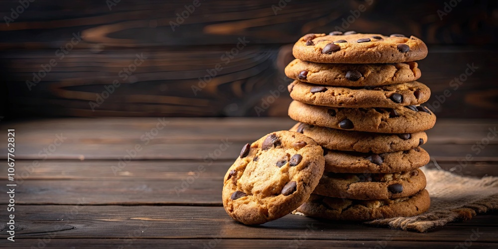 Stack of chocolate chip cookies on dark wooden table, chocolate chip, cookies, dessert, sweet, delicious, indulgence, snack Stack of chocolate chip cookies on dark wooden table, chocolate chip, cookies, dessert, sweet, delicious, indulgence, snack