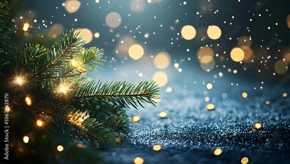 Holiday image background - A festive scene with pine branches, lights, and falling snowflakes, evoking holiday cheer. Holiday image background - A festive scene with pine branches, lights, and falling snowflakes, evoking holiday cheer.