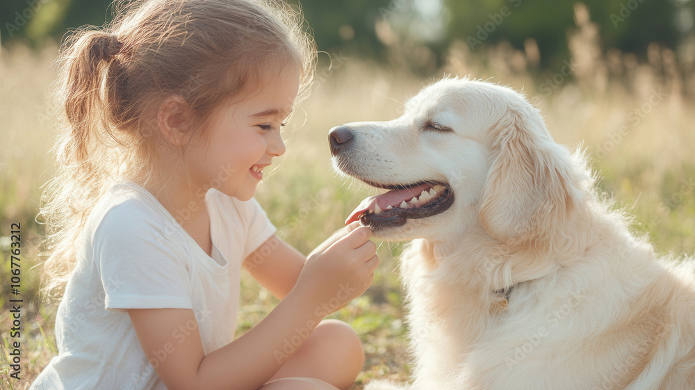 A young girl joyfully plays with her golden retriever dog in a sunlit grassy field, creating a moment of pure happiness together A young girl joyfully plays with her golden retriever dog in a sunlit grassy field, creating a moment of pure happiness together