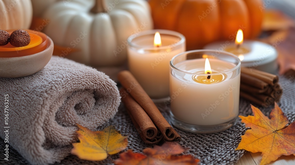 Cozy autumn spa arrangement with candles, pumpkins, and cinnamon for a relaxing seasonal retreat Cozy autumn spa arrangement with candles, pumpkins, and cinnamon for a relaxing seasonal retreat