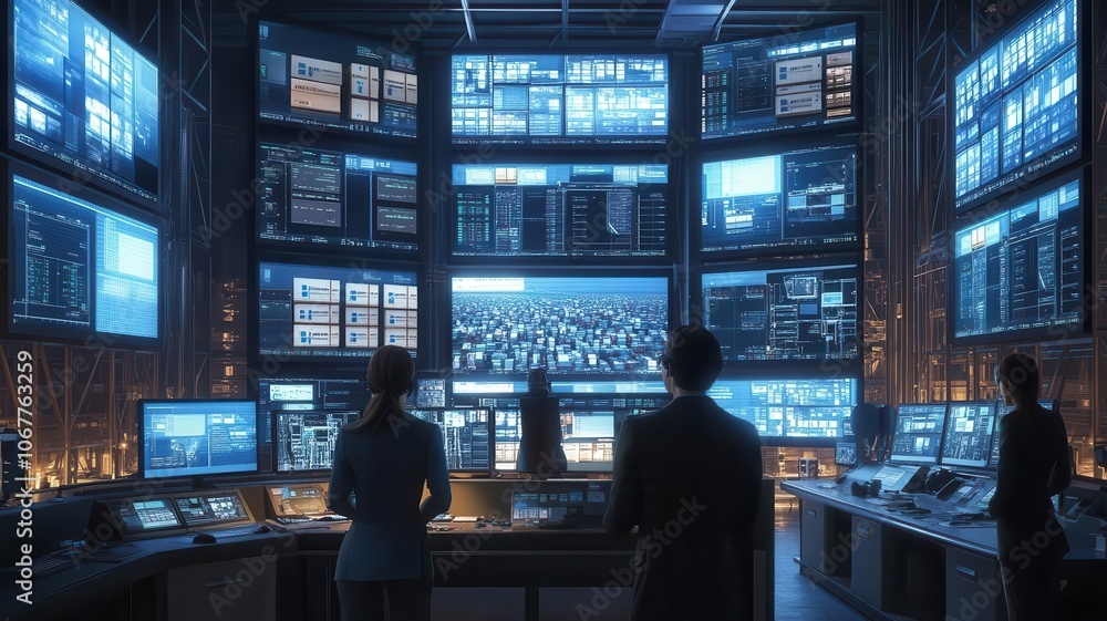 A logistics team in a control room, monitoring shipments and inventory movement on multiple digital displays A logistics team in a control room, monitoring shipments and inventory movement on multiple digital displays