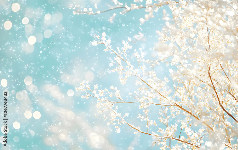 Holiday image background - A serene winter scene with snowy branches against a soft blue background and bokeh effects. Holiday image background - A serene winter scene with snowy branches against a soft blue background and bokeh effects.