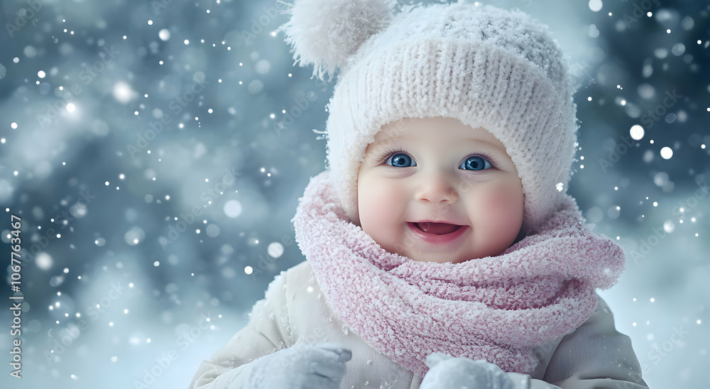 Holiday image background - A joyful baby in winter attire smiles amid falling snowflakes. Holiday image background - A joyful baby in winter attire smiles amid falling snowflakes.