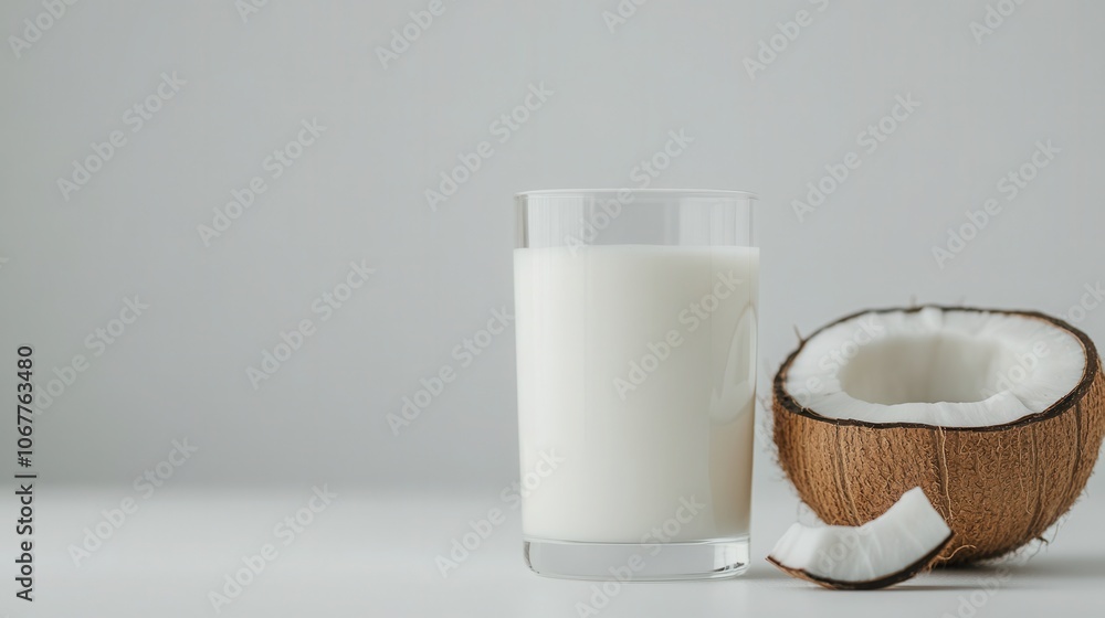 A refreshing glass of milk beside a halved coconut on a clean white surface with ample copy space for design use A refreshing glass of milk beside a halved coconut on a clean white surface with ample copy space for design use