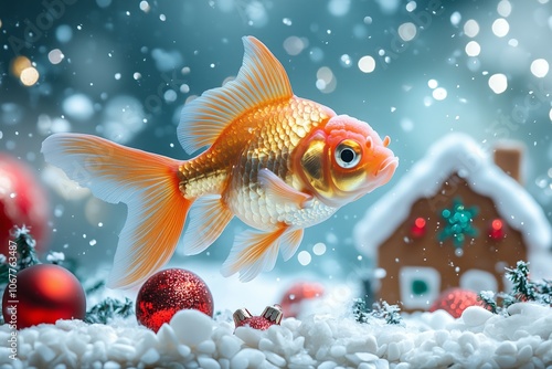 Goldfish in a Christmas themed fish tank aquarium with gingerbread house, white pebbles and red Christmas baubles in the background  photo