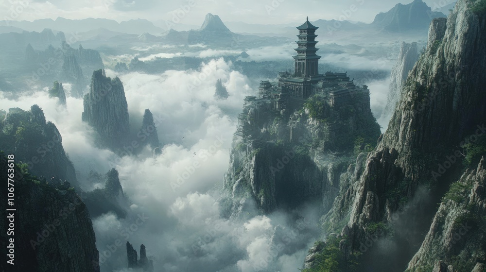 Fototapeta premium A majestic temple perched atop a misty mountain peak, surrounded by towering cliffs and a sea of clouds.