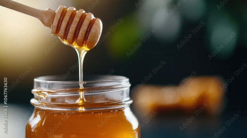 Close-up of a jar of honey with a wooden spoon and honeycomb against a dark backdrop, showcasing its rich texture and golden hue Close-up of a jar of honey with a wooden spoon and honeycomb against a dark backdrop, showcasing its rich texture and golden hue