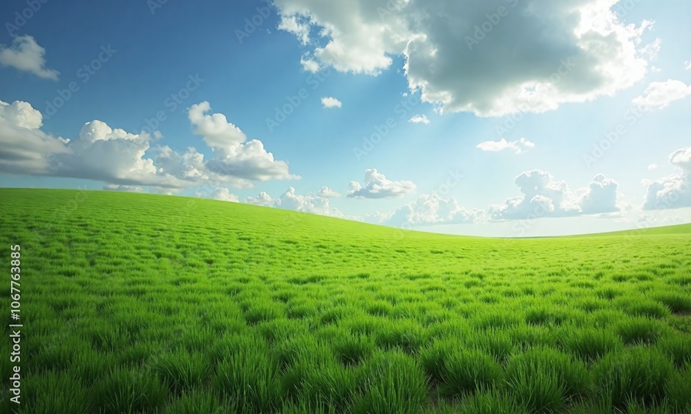 Fototapeta premium Vast green meadow with cloudy sky