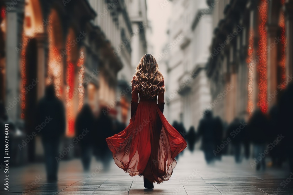 Naklejka premium Lonely Woman in Red Dress Walking Down a Busy, Festive City Street Solitude, Urban Life