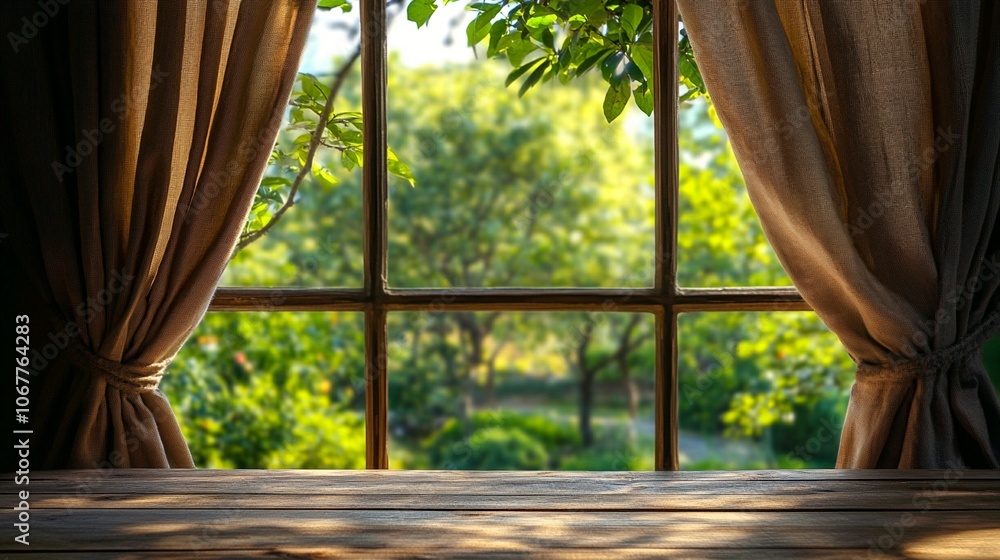 Sunlit garden view through rustic window, wooden sill in foreground, lush green foliage outside, soft curtains frame serene outdoor scene, peaceful ambiance. Sunlit garden view through rustic window, wooden sill in foreground, lush green foliage outside, soft curtains frame serene outdoor scene, peaceful ambiance.