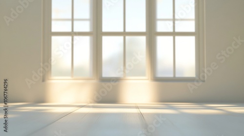 Sunlight streams through large windows, casting geometric shadows on a pristine white floor, creating a serene and minimalist interior space bathed in warm, natural light.