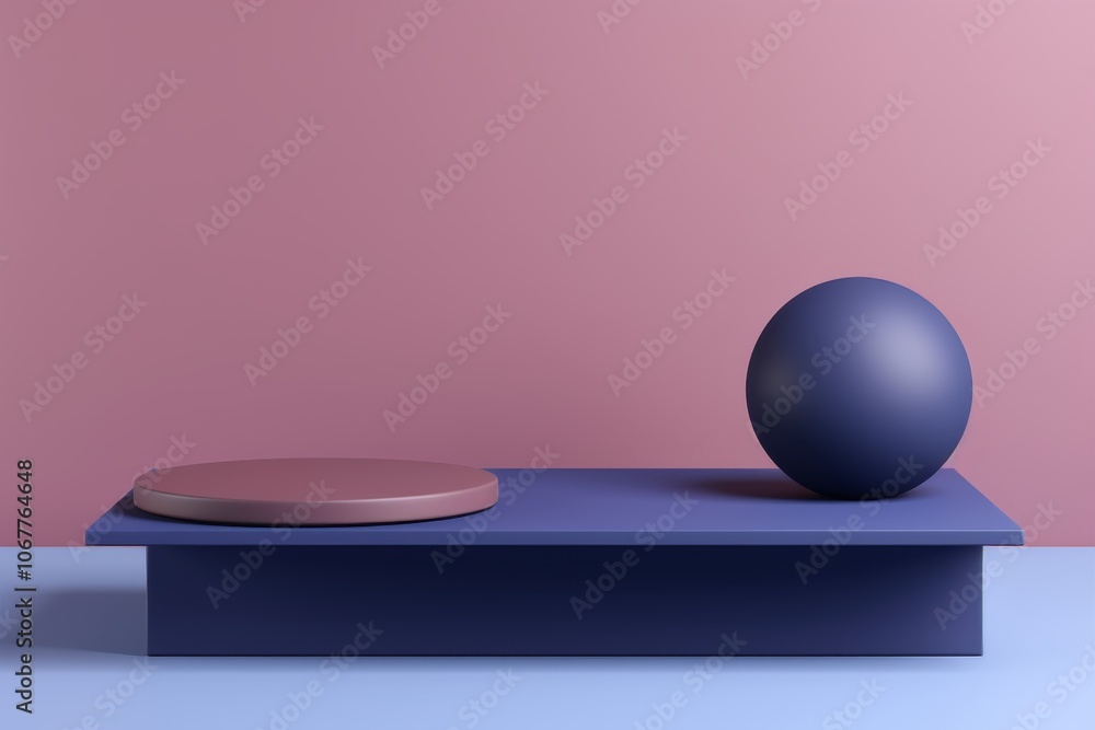 Empty podium with a round pedestal and geometric sphere. Exhibition of goods, 3D rendering. Empty podium with a round pedestal and geometric sphere. Exhibition of goods, 3D rendering.