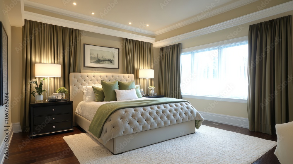 Luxurious Bedroom with Upholstered Bed and Green Curtains Luxurious Bedroom with Upholstered Bed and Green Curtains