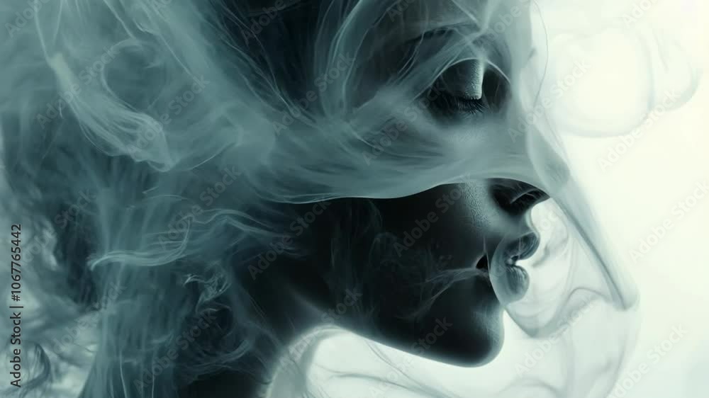 A woman with closed eyes is surrounded by ethereal, flowing smoke. A woman with closed eyes is surrounded by ethereal, flowing smoke.