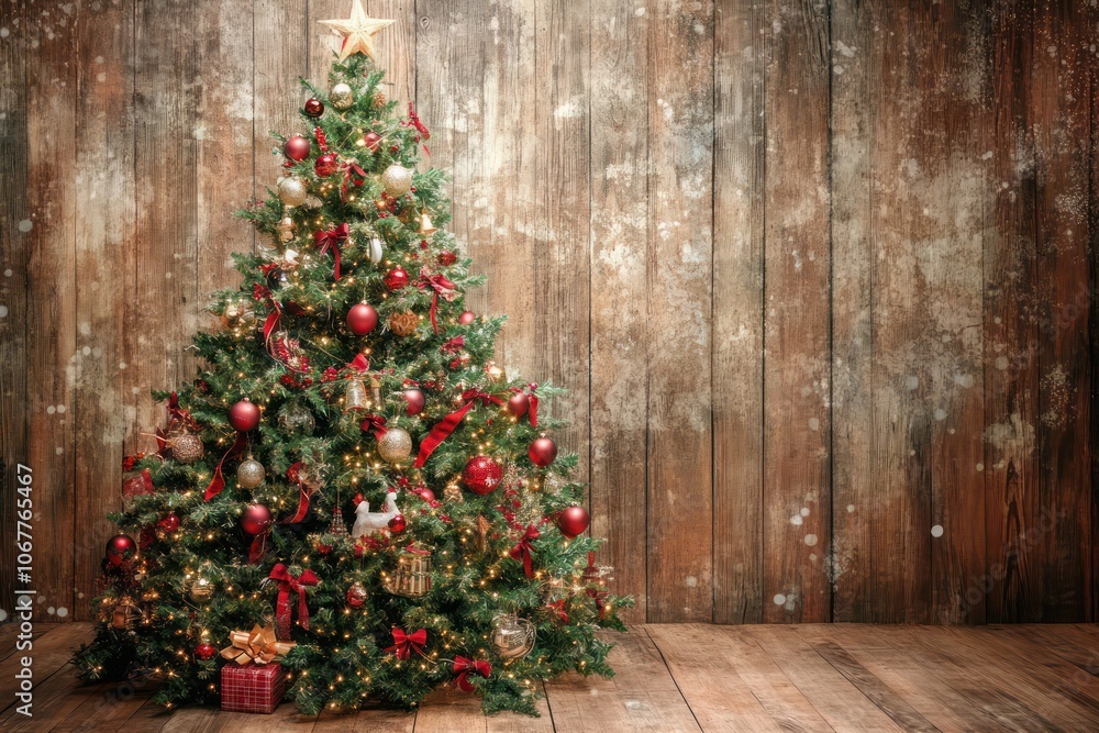 A beautifully decorated Christmas tree set against a warm wooden background, celebrating the festive season. A beautifully decorated Christmas tree set against a warm wooden background, celebrating the festive season.