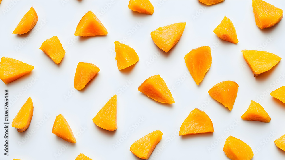 Chopped Dried Mango Slices Scattering Against a Clean White Background, Perfect for Healthy Snacks . 4k image Chopped Dried Mango Slices Scattering Against a Clean White Background, Perfect for Healthy Snacks . 4k image