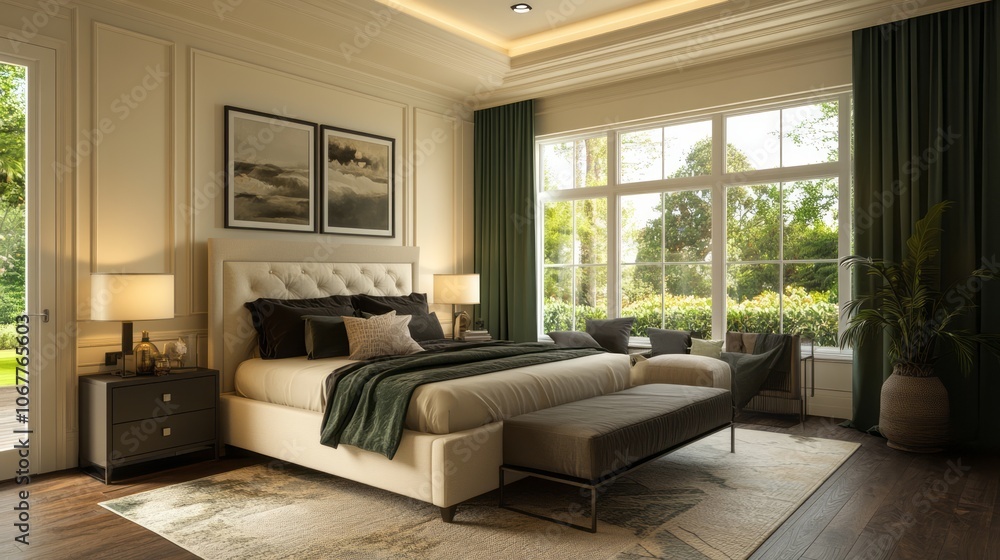 Fototapeta premium Luxurious Bedroom Interior with Large Window and Green Accents