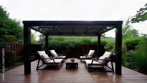 Morning sunshine on a teak garden deck, a sleek pergola shading cozy lounge chairs surrounded by greenery.