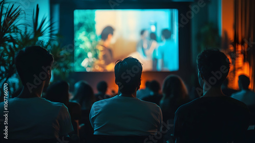 Group of friends attending a film festival, with films from diverse directors and cultures photo