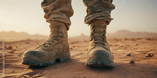 Soldiera??s boots close-up in desert setting, showing rugged combat gear. 4k image photo