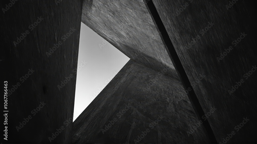 generative ai, Dark, dramatic black-and-white architectural photograph of towering concrete walls with minimal light and sharp geometric contrasts