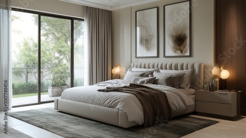 Modern Bedroom with Large Window and Bedside Lamps