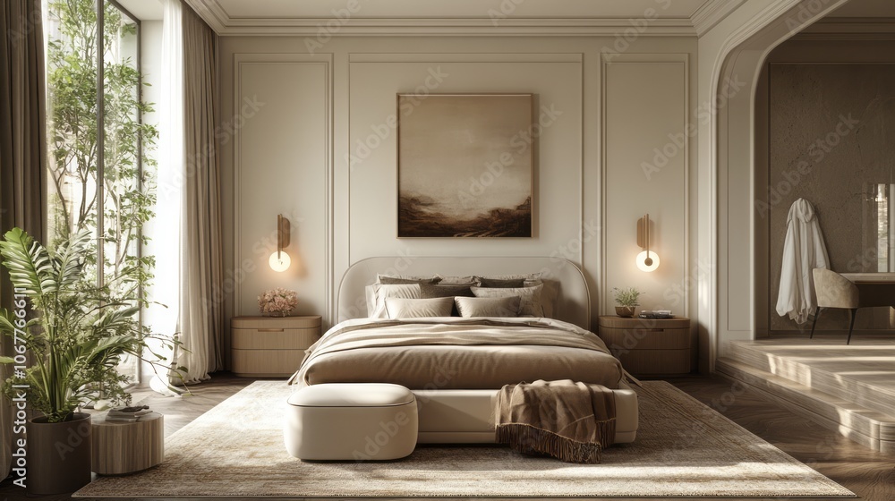 Modern and Elegant Bedroom with Large Window and Beige Decor Modern and Elegant Bedroom with Large Window and Beige Decor