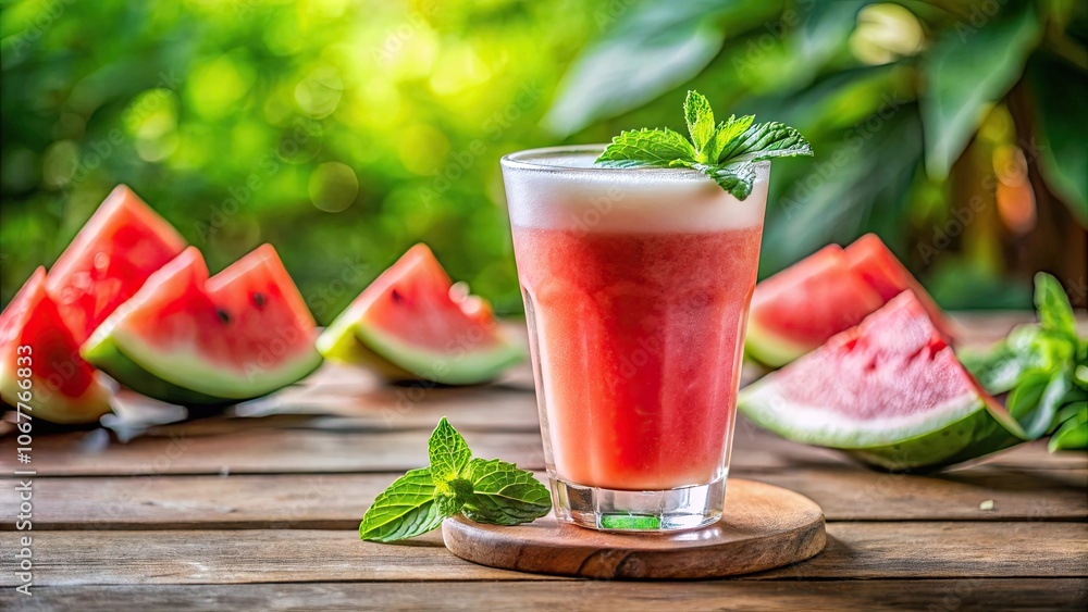 Refreshing watermelon juice latte with mint leaves on a sunny summer day, perfect for quenching your thirst, cold, clean,drinks Refreshing watermelon juice latte with mint leaves on a sunny summer day, perfect for quenching your thirst, cold, clean,drinks