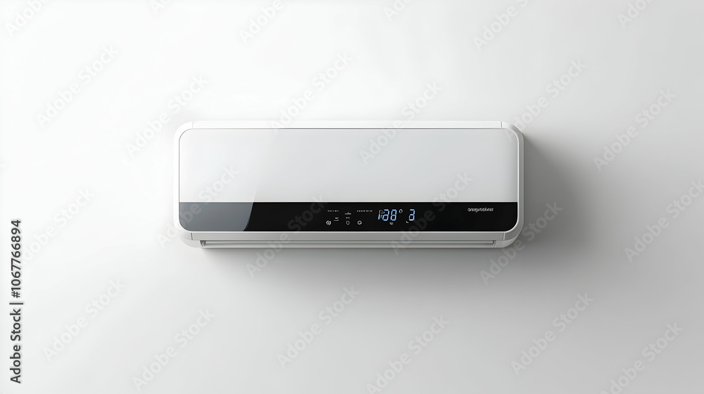 Modern Mini Split Heat Pump Installed on a White Wall, Featuring Sleek Design and Digital Display for Efficient Climate Control Modern Mini Split Heat Pump Installed on a White Wall, Featuring Sleek Design and Digital Display for Efficient Climate Control