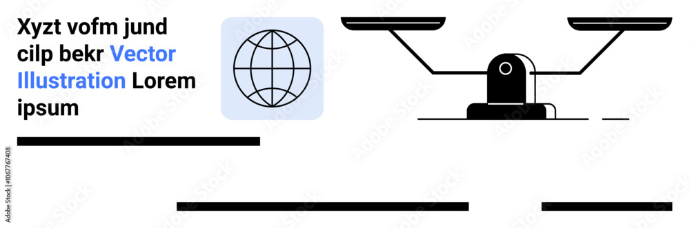 Balanced scales next to a globe icon with placeholder text, Ideal for legal services, educational materials, science presentations, business analytics, web design, app interfaces, and branding Balanced scales next to a globe icon with placeholder text, Ideal for legal services, educational materials, science presentations, business analytics, web design, app interfaces, and branding