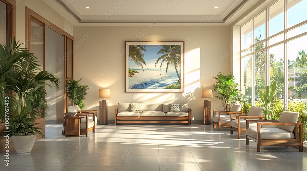 Fototapeta premium Watercolor hospital waiting room with comfortable chairs and calming