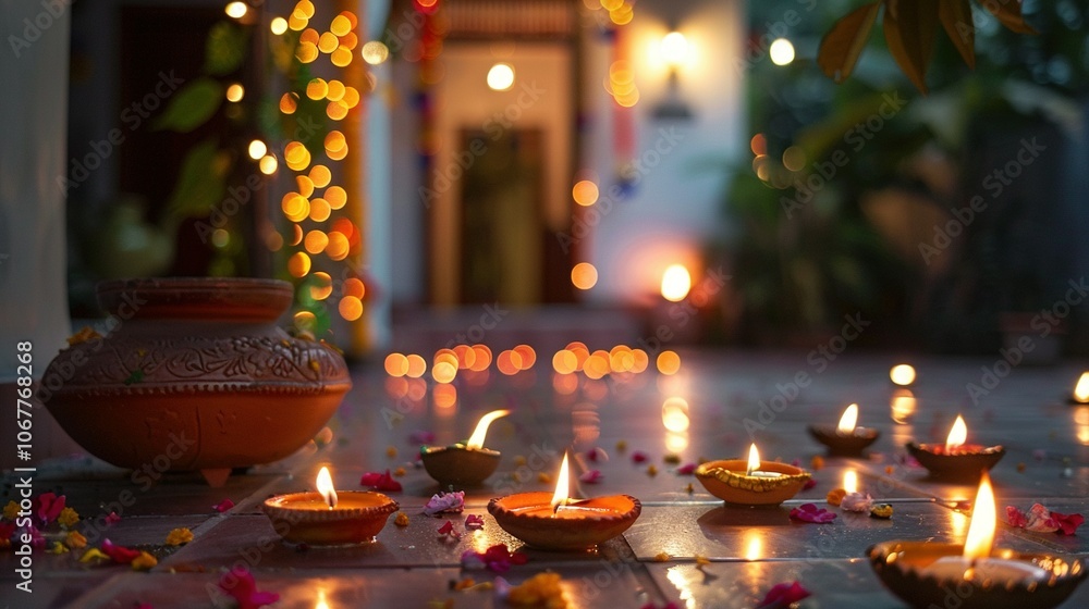 Clay Diyas Lit With Flames Surrounded By Flower Petals Clay Diyas Lit With Flames Surrounded By Flower Petals