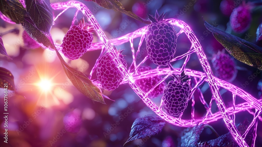 Fototapeta premium Mulberries with internal DNA helix, neon glow, genetic study concept