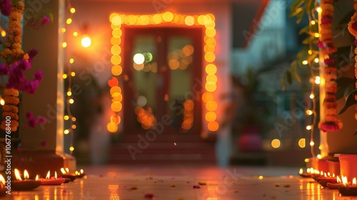 Illuminated Entrance with Diyas and Flower Garlands photo