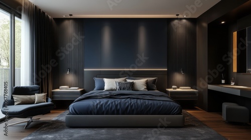 Modern Minimalist Bedroom Interior with Dark Blue and Black Accents