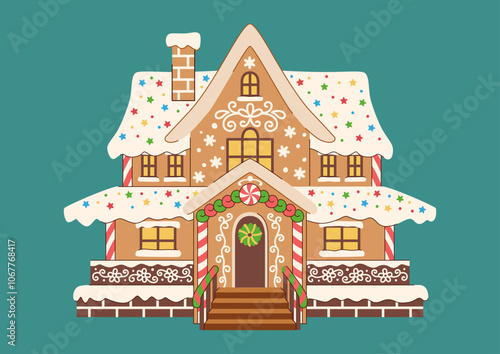 Christmas gingerbread house decorated with candy canes, icing and sprinkles. Front view, house facade. Fairy tale dessert for the holiday. Christmas illustration.