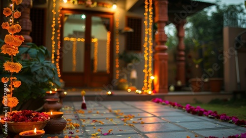 Festive Entrance Decor with Diyas, Flowers, and String Lights photo