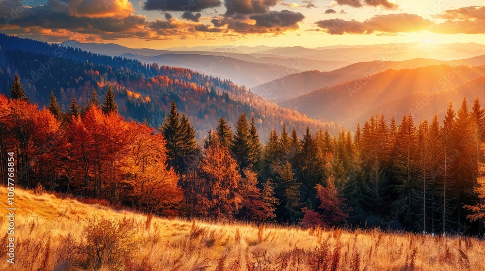 Landscape concept of autumn forest in the mountains at sunset. Landscape concept of autumn forest in the mountains at sunset.