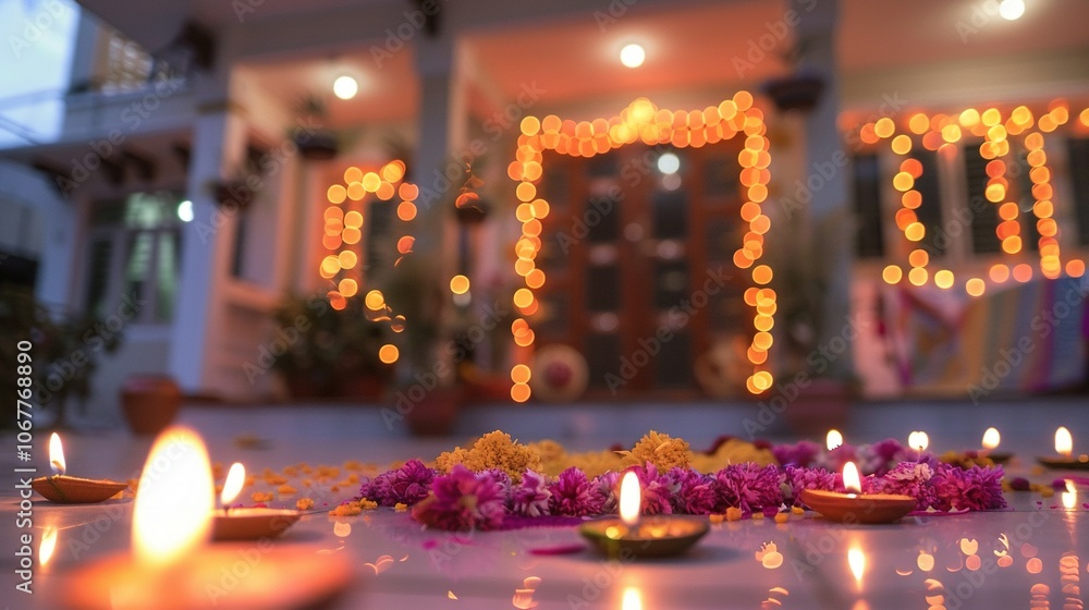 Lit Diyas with Flowers and Blurry Lights in Background Lit Diyas with Flowers and Blurry Lights in Background