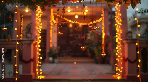 Decorated Entrance with Hanging Lights and Bokeh Effect